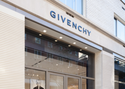 Front of a Givenchy store in manhattan. Glass fiber reinforced concrete ribbed paneling on the exterior surrounding the front entryway.